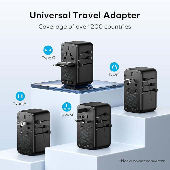 MOMAX Universal Travel Adapter, 140W GaN International Power Adapter, 2 USB-C 2 USB-A, Worldwide Travel Plug Adapter, International Power Adapter for Most Europe, USA, Japan, Australia (Type C/A/G/I)