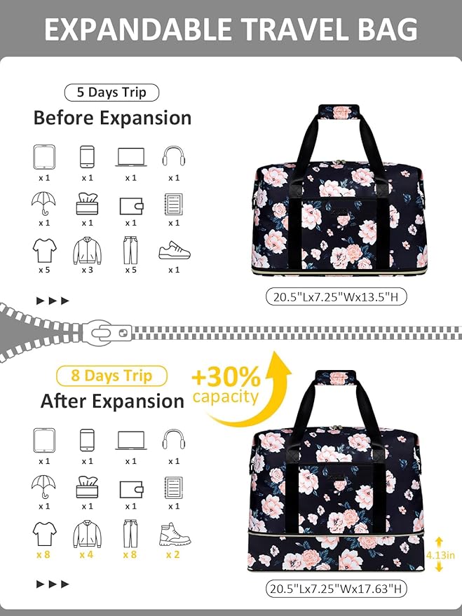 Expandable Travel Duffle Bags Weekender Overnight Bags for Women Men Hospital Bag for Women Labor Delivery with Toiletry Bag Waterproof