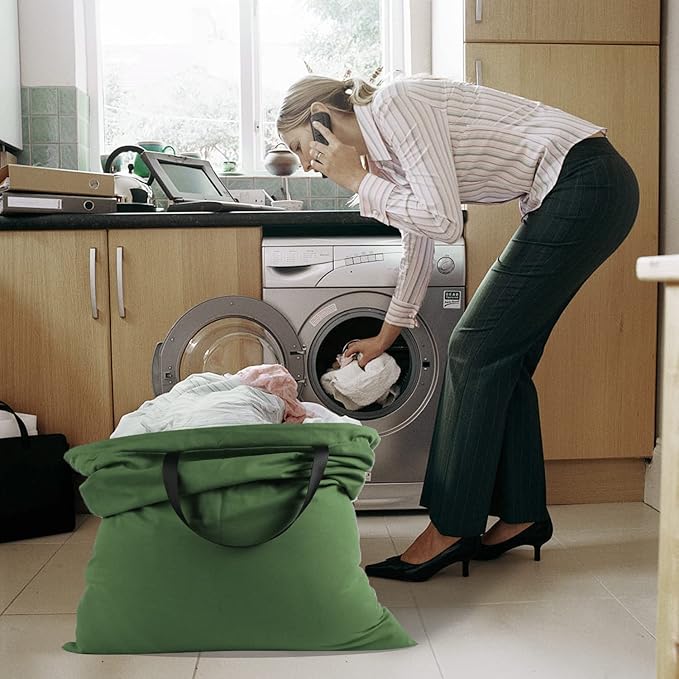 Cotton Canvas Laundry Bag with Handles & Drawstring Straps, Heavy Duty Extra Large Laundry Bags for Laundromat and Household, 25.5x34 Inch, Army Green
