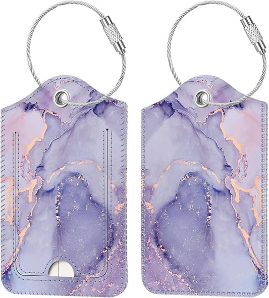 Fintie Luggage Tags, Privacy Cover ID Label with Stainless Steel Loop and Address Card for Travel Bag Suitcase - Lilac Marble (2 Piece)