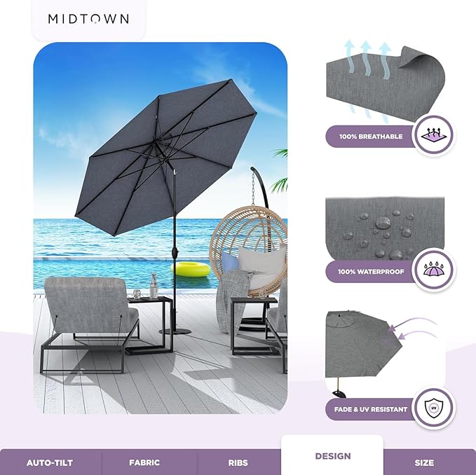 Midtown Umbrellas 10-Year-No-Fade - 6 Ft - UV Proof Heather Grey Fabric - Umbrella Outdoor Patio, Auto-Tilt Aluminum Frame Large Patio Umbrella for Garden, Pool & Deck - Black Pole