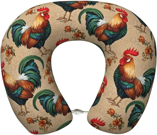 Neck Pillow Memory Foam Chin Cushion with Breathable Cover Retro Rooster, Cute Airplane Car Pillows for Office Head Pain Relief