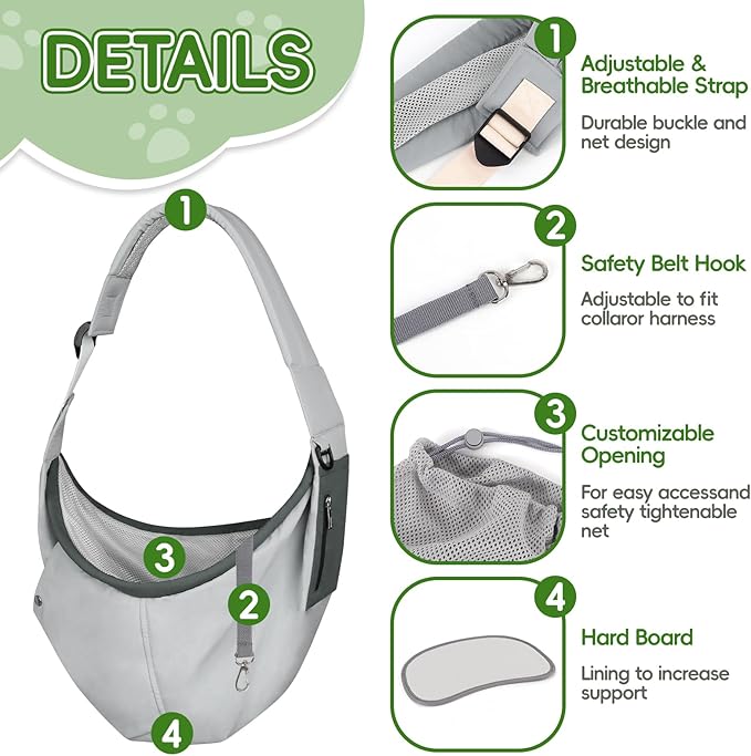 Bartuke Dog Carrier Sling, Hands Free Pet Sling Carriers for Small Dogs and Cats, Thick Padded Shoulder Strap Adjustable Dog Carriers with Storage Pocket, Water-Resistant Puppy Carrier Purse, Grey