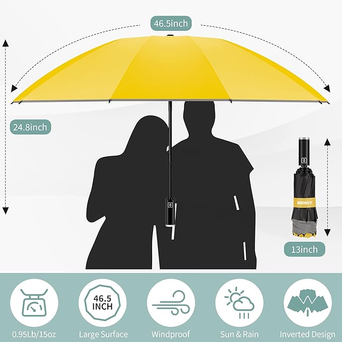 Seniny Travel Umbrella with Carabiner Handle, Windproof Large Umbrellas for Rain with Dual-Rib Structure, Portable Compact Umbrella with Reflective Strip, Car Backpack UV Umbrellas for Sun Protection