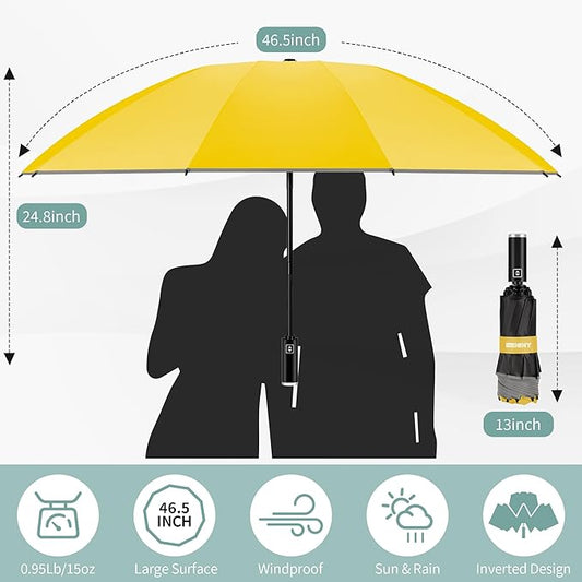 Seniny Travel Umbrella with Carabiner Handle, Windproof Large Umbrellas for Rain with Dual-Rib Structure, Portable Compact Umbrella with Reflective Strip, Car Backpack UV Umbrellas for Sun Protection