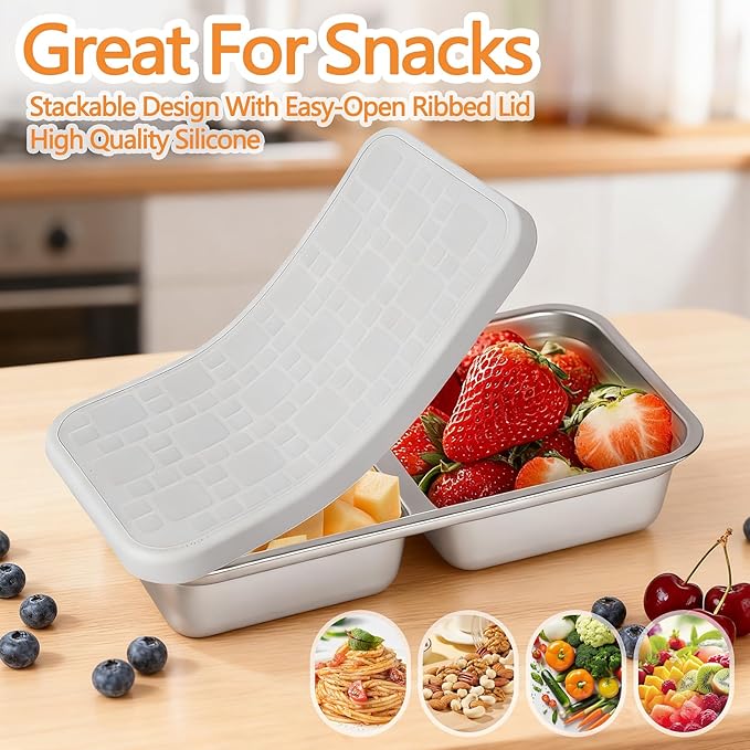 PTYTIFY 4 Pack Stainless Steel Snack Containers with Lids, 2 Compartment Snack Containers, Reusable Food Containers for Home, Travel, Outdoor