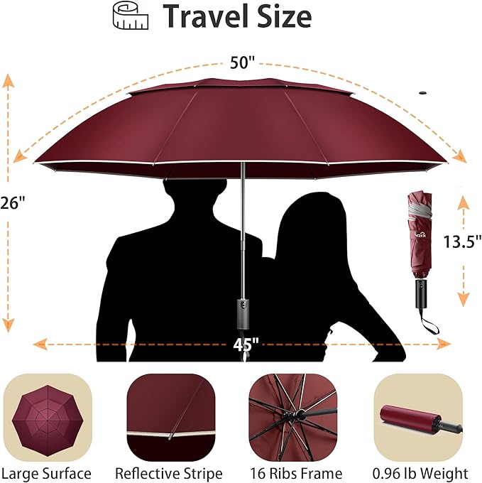 Urvoix Travel Umbrella Compact Windproof - Vented Double Canopy Umbrellas for Rain, Portable Umbrella Inverted Automatic Open Close with Reflective Strip