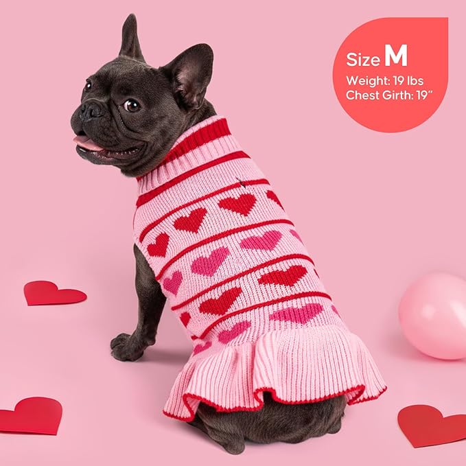 KYEESE Valentines Dog Sweater, Warm Pullover Dog Sweaters for Small Dogs, Soft Turtleneck Small Dogs Sweater, Stretchy Pet Sweaters Dress with Heart Print, Comfy Pet Clothes Coat with Leash Hole, L