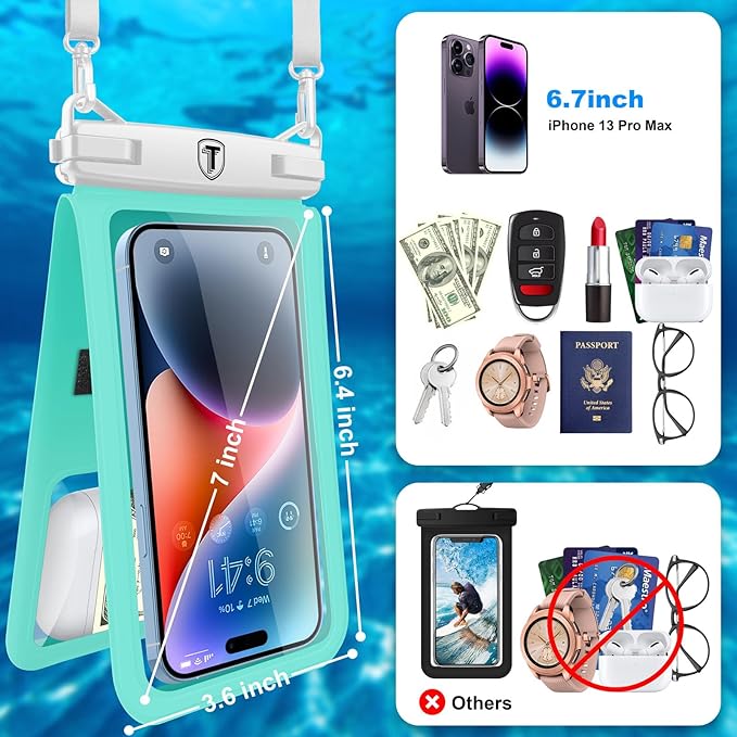 [2-Pack] Tekcoo Double Space Detachable Waterproof Phone Case IPX8 Pouch Lanyard Dry Bag for iPhone 17/16/15/14/13/12/Pro Max/Air/Pro/Xr/8/SE, Galaxy S25/S24/S23/S22/S21/FE/A17/A16/A15 up to 7"