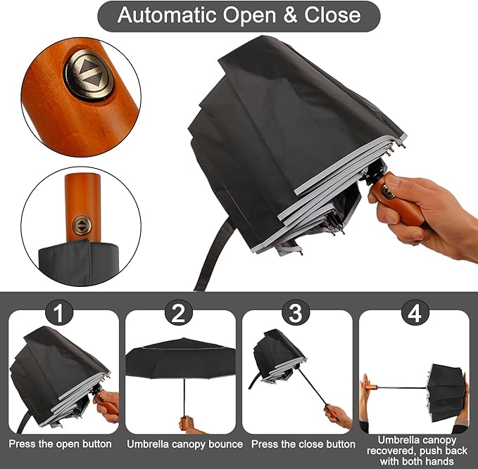 Satol Extra Large Golf Umbrella, 46/54/62 Inch Windproof 10 Ribs Vented Double Canopy Reflective Strips Automatic Open/Close Waterproof UV Protection Portable Compact Umbrella for Outdoor & Travel