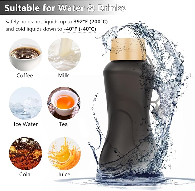 Collapsible Water Bottles,650ml,Leak Proof,Reuseable BPA Free Silicone Foldable Water Bottles,Durable Lightweight for Travel Gym Camping Hiking,Compact Size Portable Sports Water Bottle (Black)