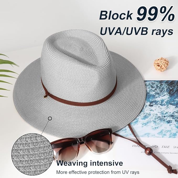 DRESHOW Women Straw Panama Hat Travel Fedora Beach Sun Hat Summer Wide Brim Straw Roll up Hat UPF 50+