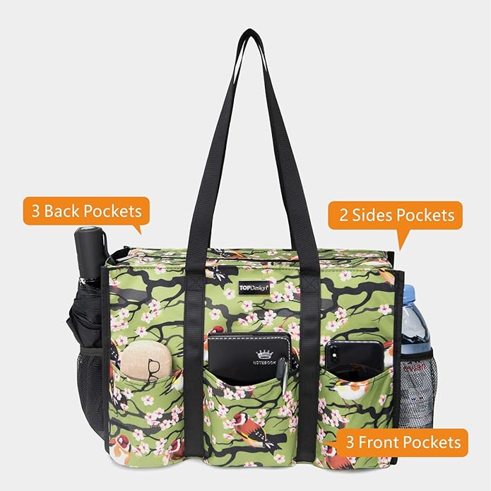TOPDesign Utility Water Resistant Tote Bag with 13 Pockets, Top Zipper Closure & Thick Bottom Support, for Working Women