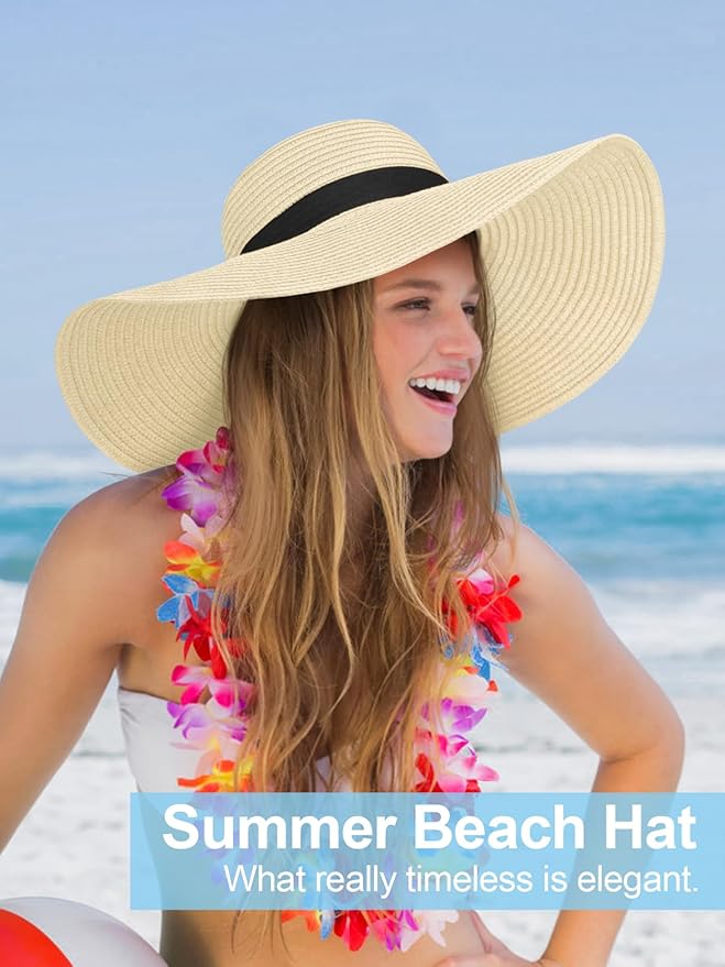 Senker Fashion Sun Hats for Women Oversize Wide Brim Straw Beach Hat Floppy Foldable Roll-Up Summer Vacation UPF 50+