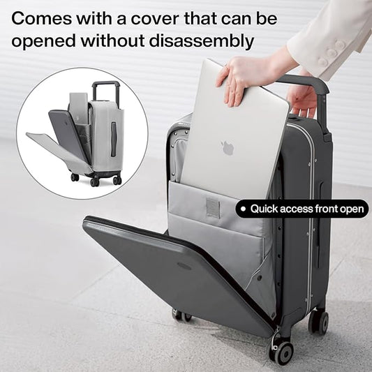 mixi Checked Luggage Wide Handle Luxury Design Rolling Travel Suitcase PC Hardside with Aluminum Frame Hollow Spinner Wheels, with Cover, 24 inch, Rock Grey