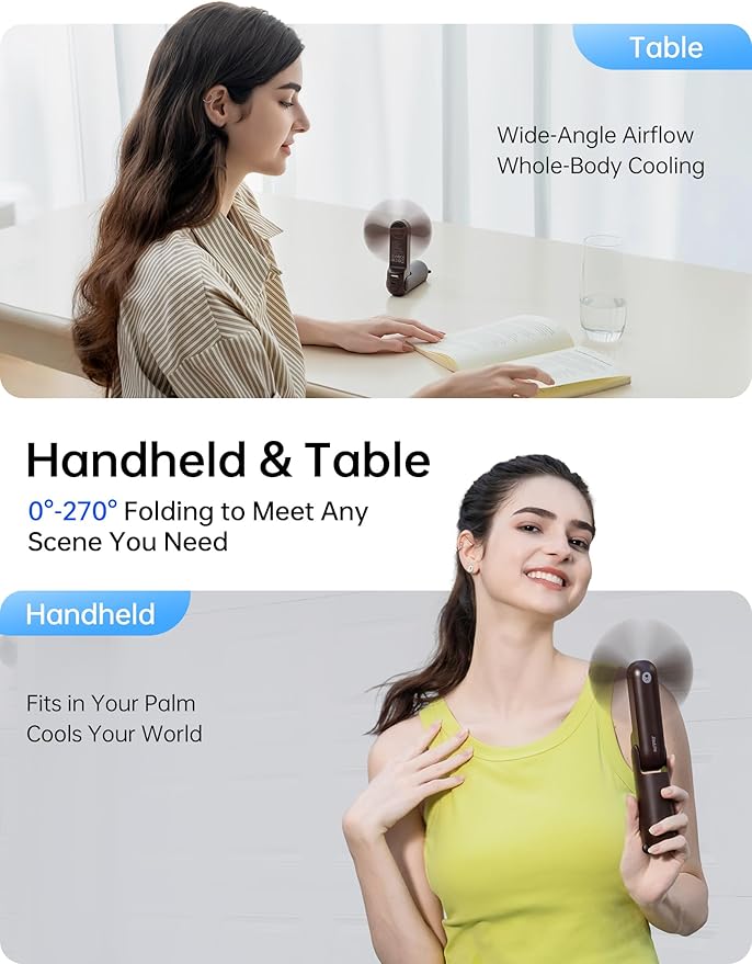JISULIFE Handheld Fan with 4500 mAh Powerbank Max 37 Hours Runtime, Pocket Portable Battery Operated or USB Powered Folding Personal Fan, 3 Speeds, Gifts for Women Men Kids Gift for Festival-Brown