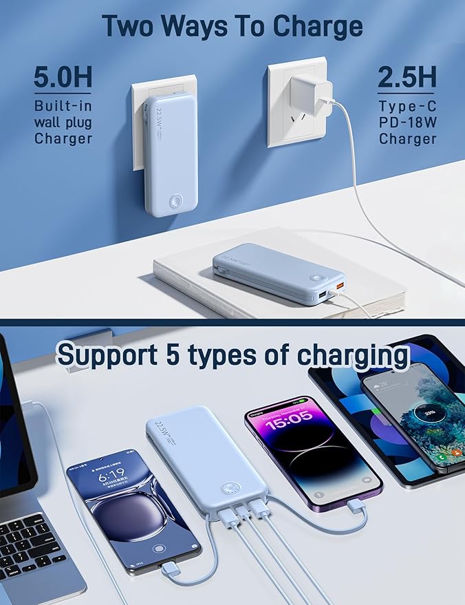 Portable Charger, 12000mAh 22.5W Fast Charging Power Bank with Built-in Cables & Wall Plug, Travel Essentials External Battery Pack, USB C Battery Phone Charger for iPhone, Samsung Light Blue
