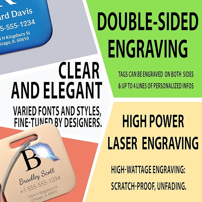 Stainless Luggage Tags for Suitcases 4 Pack: Metal Personalized Luggage Tags for Backpacks & Bags with Customizable Texts (Black)