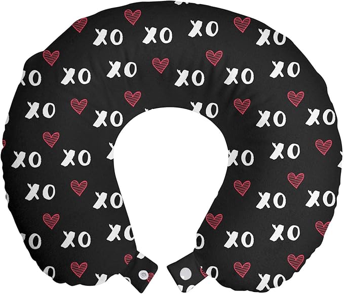 Ambesonne XOXO Travel Pillow Neck Rest, XO Acronym and Striped Heart Pattern Love Romantic Print, Memory Foam Traveling Accessory for Airplane and Car, 12", Grey Charcoal