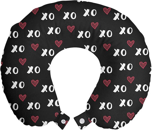 Ambesonne XOXO Travel Pillow Neck Rest, XO Acronym and Striped Heart Pattern Love Romantic Print, Memory Foam Traveling Accessory for Airplane and Car, 12", Grey Charcoal