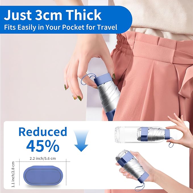 Compact Mini Windproof Travel Umbrella-UPF 50+ Sun & Rain Protection, Small Folding Design Fits in Pocket or Purse, Lightweight Portable with Case for Women, Men & Kids