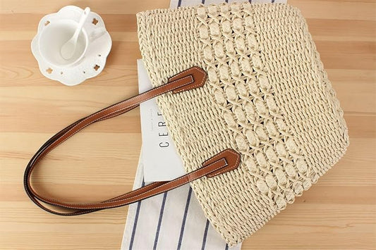 Womens Straw Tote Handbag - Summer Beach Bag with Top Handle - Handwoven Shoulder Bag - 2024
