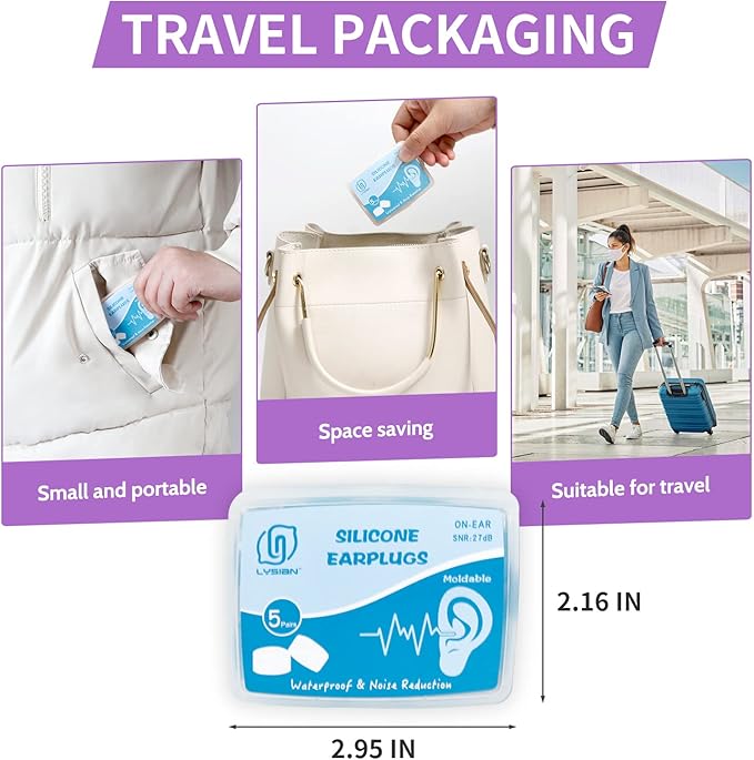 LYSIAN Moldable Soft Silicone Earplugs, 5 Pairs, 27dB SNR Noise Cancelling Ear Plugs for Sleeping, Working,Swimming, Shower (Purple)