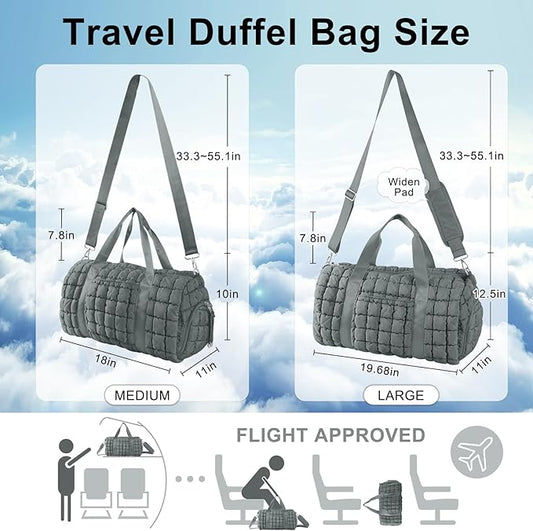 Quilted Travel Duffle Bag Gym Bag for Women,Large Puffer Duffle Weekender Bag with Compartment,Workout Overnight Carry on Organizer Bag Duffle Bag for Airplane Travel(L-Grey)