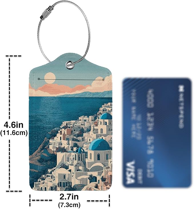 Greek Island Sunset Landscape Luggage Tag 3 Pack Travel Cruise Luggage Tags for Suitcases, Identifiers Bag Tags with Privacy Flap, Baggage Name Tag for Women Men Luggage Backpack Handbag School Bag