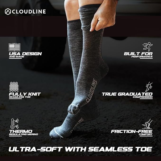 CloudLine - Merino Wool Graduated Compression Socks for Men and Women - Ultralight, Moisture Wicking, Made in USA - 1 Pair