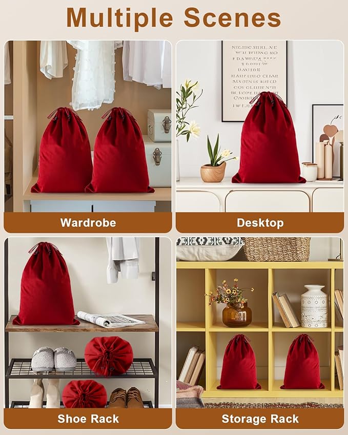 FantasyLife Shoe Bags for Travel, Washable Dust Bags for Storage & Packing, Flannel Shoe Pouch with Drawstring Closure for Purses, Handbags, Shoes & Toys (2, Rio Red)