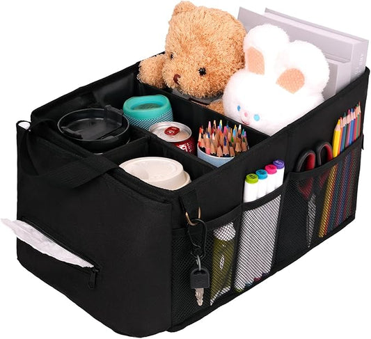 HEYSKAY Car Seat Organizer-Passenger Seat Organizer, Collapsible Small Car Seat Organizer for Console Front/Back, Car Caddy with 4pc Drink Holders Automotive Backseat Organizer for Kids