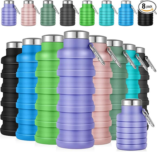 Lallisa 8 Pcs Collapsible Water Bottles Bulk Reusable Silicone Foldable Water Bottles 17 oz Portable Lightweight Sports Bottle with Carabiner for Gym Hiking Camping Travel(Fresh Colors)