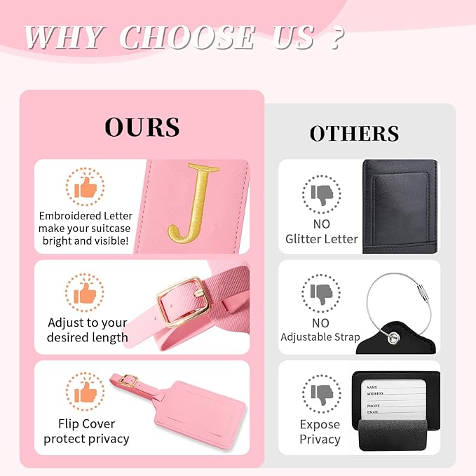 Personalized Initial Luggage Tags for Suitcase, Pink Leather Cute Luggage Tags with Privacy Cover Name Card, Embroidered Custom Monogrammed Luggage Tag Travel Bag Baggage Tags Gifts for Women Kids(J)