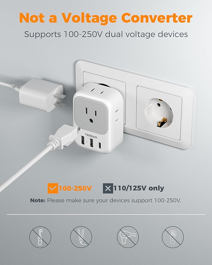 European Travel Plug Adapter USB C, TESSAN International Plug Adapter with 4 AC Outlets 3 USB Charging Ports, Type C Europe Power Adaptor for US to EU France Germany Iceland Spain Italy