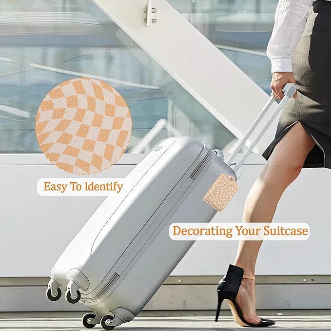 Colorful Wavy Checkered 3 Pack Luggage Tag for Suitcase, Unique Leather Travel Tags Identifiers with Privacy Name Address Labels & Durable Steel Loop for Women Men Travel