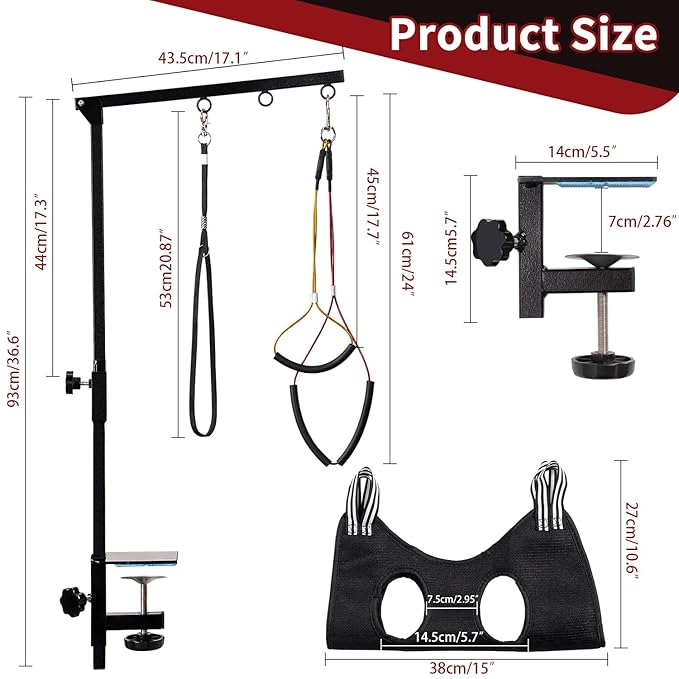 Phenfor Dog Grooming Table Arm with Hammock - Adjustable Height, Pet Grooming Hammock, No Sit Haunch Holders, Loop Noose Heavy-Duty Clamp (Black)