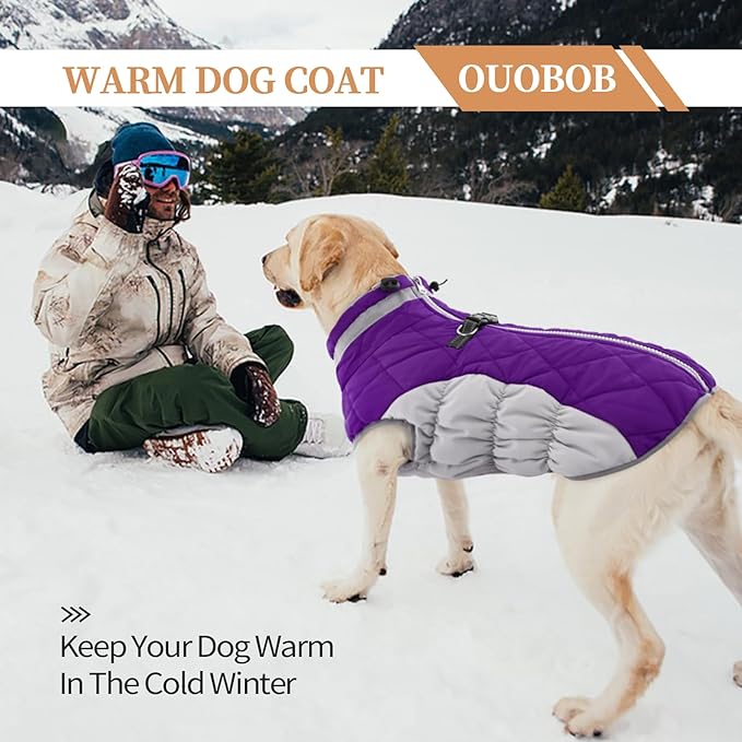 OUOBOB Winter Dog Coat,Large Dog Jacket,Waterproof Pet Jacket with Back Zipper,Pet Coat with Harness Built in,Warm Dogs Coat with Fleece Lined, Snow Jacket Clothes French Bulldog Shiba Inu,Purple,L