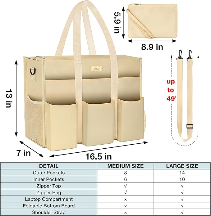 IBFUN Utility Tote Bag with 14/24 Pockets Zip Top Teacher Tote Bag for Teacher/Work Women