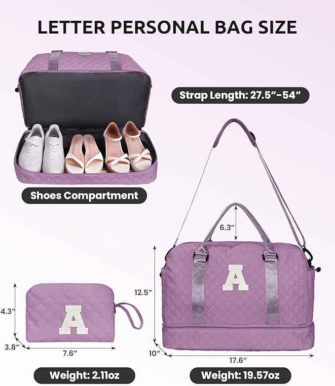 Vogewood Gifts for Friends-Initial Duffle Bag with Shoe Compartment, Personalized Weekender Bag, Monogram Overnight Bag, Travel Bag with Makeup Bag，Birthday Gifts Bag for Daughter Sister (Letter I)