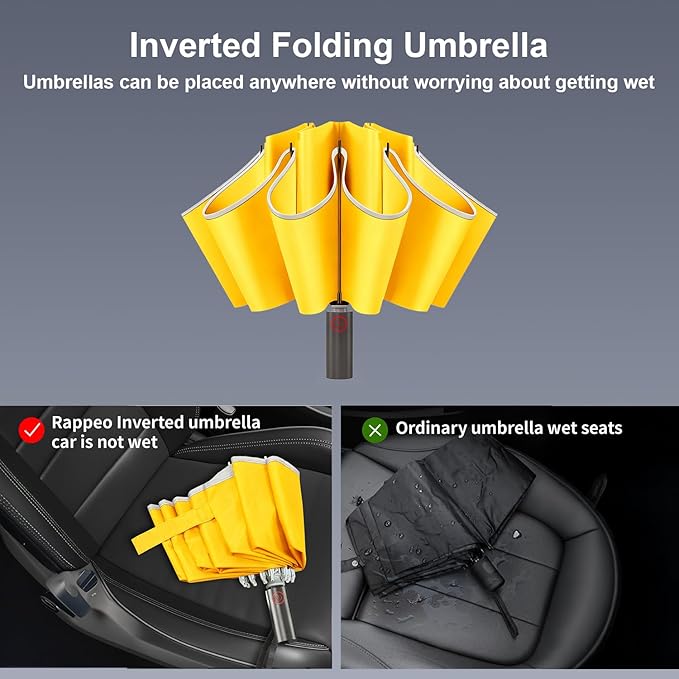 Rappeo 4-in-1 Inverted Travel Umbrella Compact, Automatic Large Umbrellas for Rain & Sun, Portable Windproof Umbrella for Backpack, Reverse Folding Umbrella for UV with Reflective Strips,Lightweight
