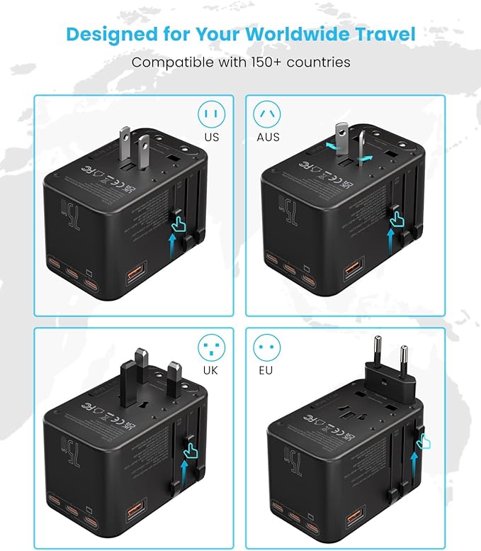 Universal Travel Adapter, VINTAR 75W GaN International Power Adapter with 3 USB C PD and 2 USB A QC, All in One Travel Essentials for UK/EU/USA/AUS, Travel Adapter Worldwide for Laptops Tablets Phones