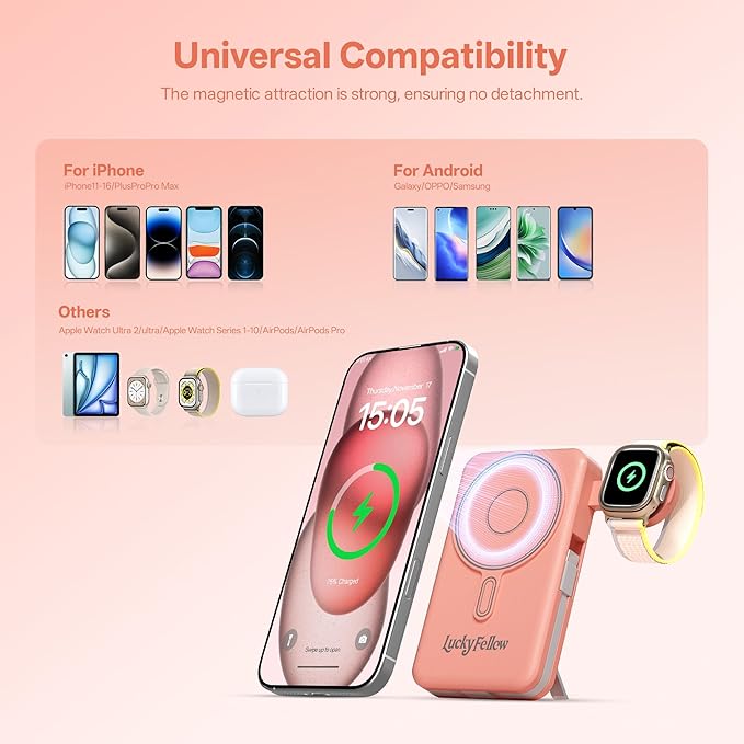 Magnetic 10000mAh Portable Charger Built-in Cables Compatible with iWath, iPhone and Android Devices, 22.5W PD Fast Charging External Battery Pack Slim Wireless Power Bank
