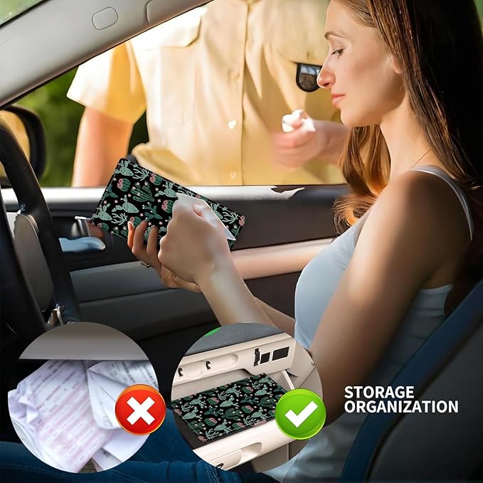 Leather Car Registration and Insurance Card Holder, Cute Car Accessories Vehicle Glove Box Car Organizer for Documents, Cards, License Cute Cactus