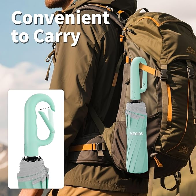 Seniny Travel Umbrella with Carabiner Handle, Windproof Large Umbrellas for Rain with Dual-Rib Structure, Portable Compact Umbrella with Reflective Strip, Car Backpack UV Umbrellas for Sun Protection