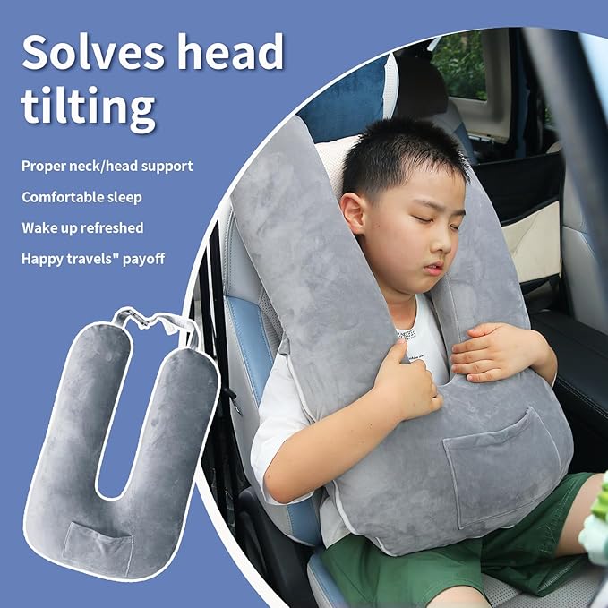 Car Pillow for Kids, Travel Pillow for Car, Toddler Travel Pillow for Sleeping Carseat Pillow for Adults, Removable and Washable Covers, Long Car Ride Essentials,Grey