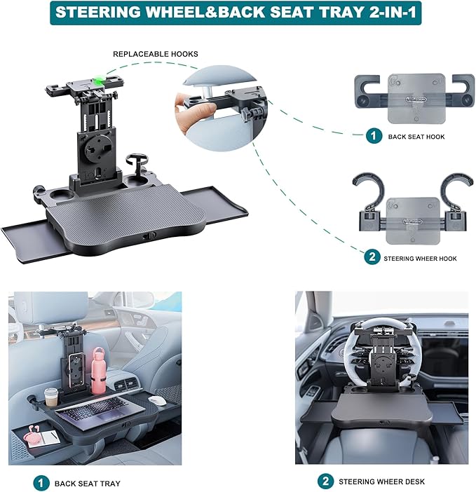 Car Steering Wheel Tray Back Seat Tray,Extension Steering Wheel Desk Car Food Eating Tray Table,Car Laptop Desk with Phone/Tablet/Cup Holder for SUVs,Trucks & Vans