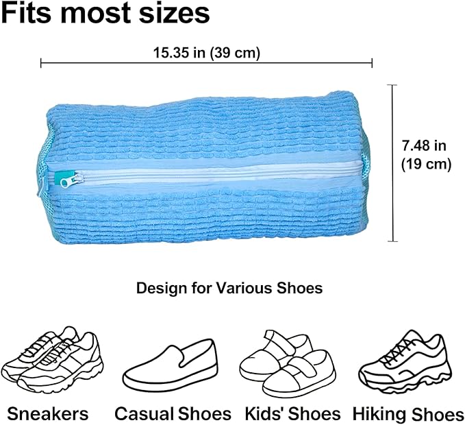 Shoe Washing Machine Bag, 4 Pcs Laundry Shoe Bags for Washer and Dryer with Chenille Liner, Large Reusable Mesh Bag for Sneakers, Gym, Tennis, Sports, Delicate, 2 Color Mix (Blue+Beige)