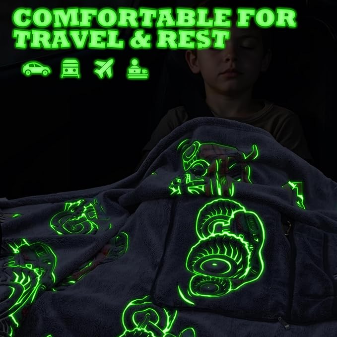 HWING Truck Travel Blanket Pillow - Glow in The Dark Kids Travel Blanket Airplane Compact with Bag - Boys Trucks Toys Gifts, Airplane Blanket for Long Flights, Outdoor, Car, Camping 40"*60"