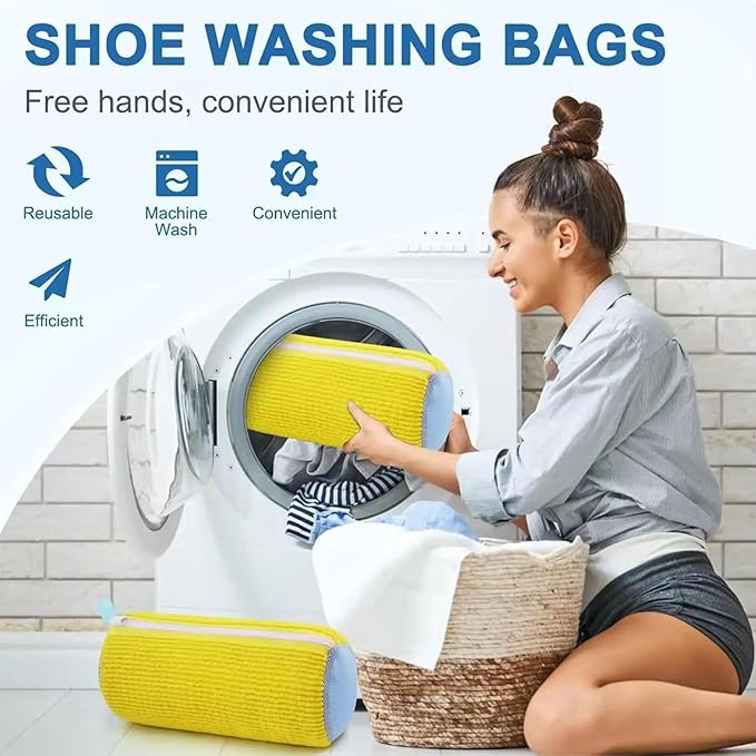 2-Pack Shoe Laundry Bags for Washer & Dryer – Reusable Sneaker laundry Bag with 360° Microfiber Cushion – Anti-Deform, Tear-Resistant, Foldable shoe washing machine bag, 39x19cm – Yellow